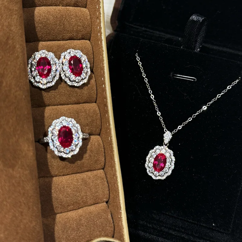 Cultivate new 100% S925 silver simulation ruby surround 6 * 9 necklace pendant jewelry ins style necklace wedding jewelry