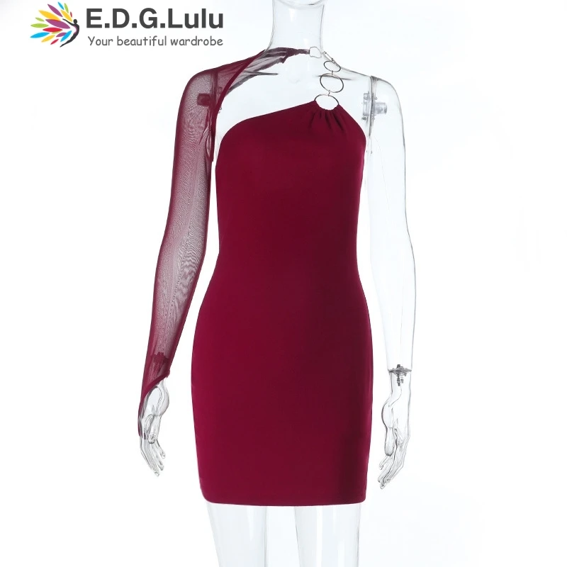 EDGLuLu Asymmetric Collar Bodycon Mini Party Dress Woman Sexy See Through Long Sleeve One Shoulder Dresses 0926