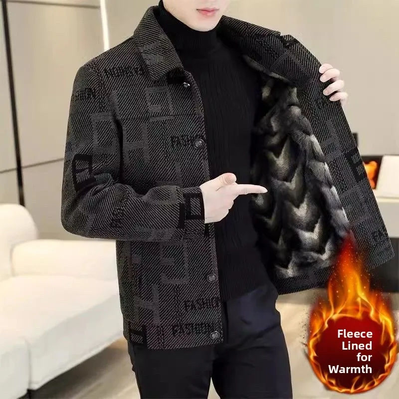 

Autumn Winter Men's Busin ort Coat Casual Thiened Fce Collar Lapel Woolen Coat Youth Faion Regular Fit Jaet