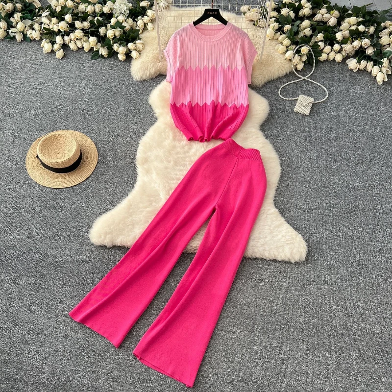 

Women Color Block Sleeveless Round Neck Tops+High Waist Wide Leg Long Pants Summer Casual Senior Knitted Two Pieces Set