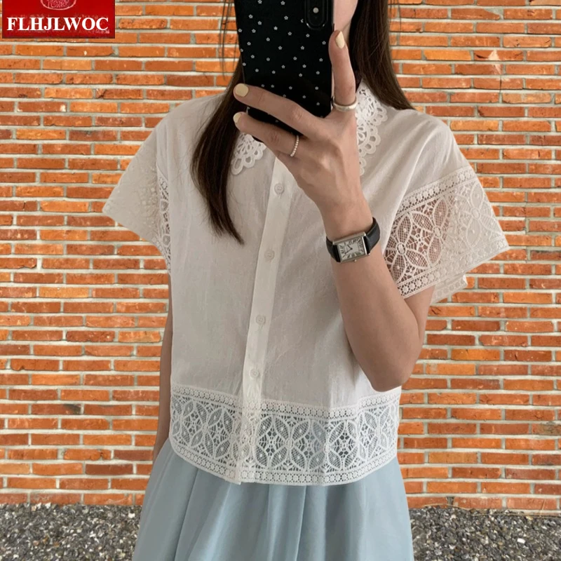 

Хлопковые вязаные крючком кружевные топы, блузки, милые японские рубашки для девочек в консервативном стиле, повседневные винтажные рубашки с короткими рукавами и пуговицами в стиле ретро