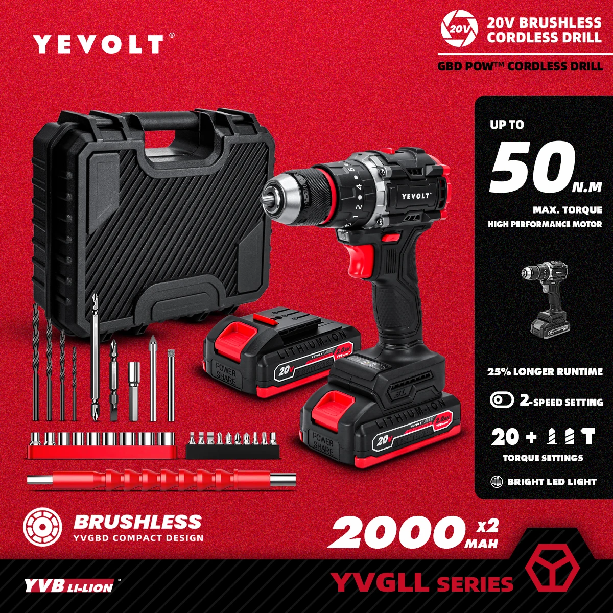 

YEVOLT YVGBD20DU3 Бесщеточная электрическая дрель серии 20 В 20 + 3 0-1450 об/мин Ударная аккумуляторная отвертка Ручная светодиодная отвертка Электроинструмент