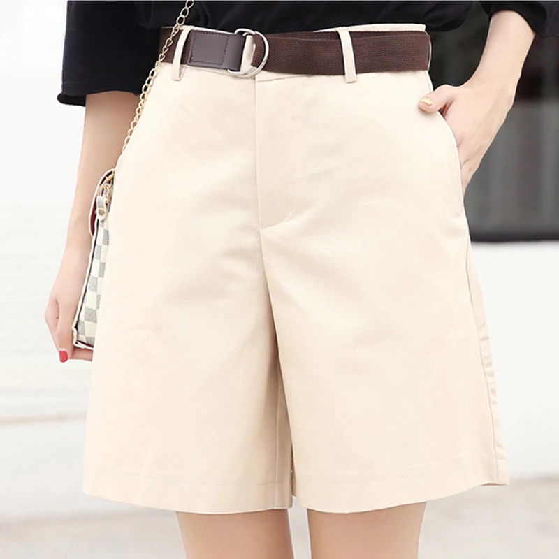 Korean Fashion Casual Summer Shorts Women Loose Wide Leg Pantalon Femme Belt Green White High Waist Shorts Female S-XXL