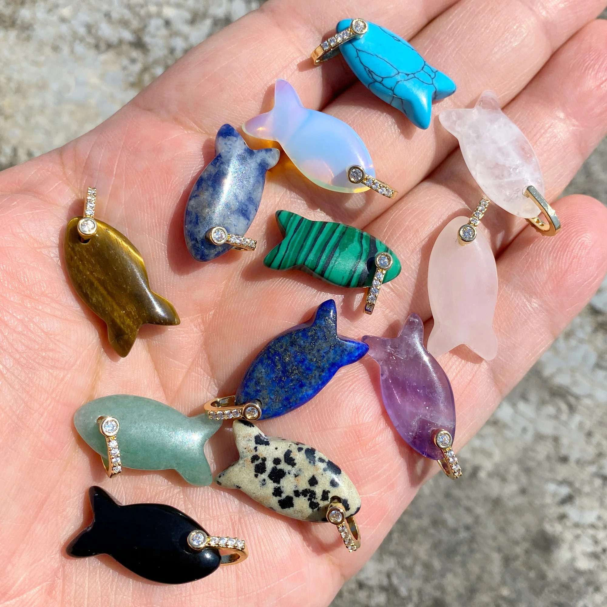 2PCS Fish Shape Stone Pendant Natural Amethyst Opal Turquoise Malachite Healing Charms For Jewelry Making DIY Necklace Earrings - view 2