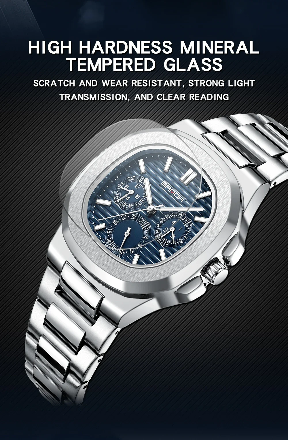 Sanda SD7053 Роскошные деловые водонепроницаемые мужские часы со светящейся датой, квадратные кварцевые часы из нержавеющей стали, Reloj Hombre