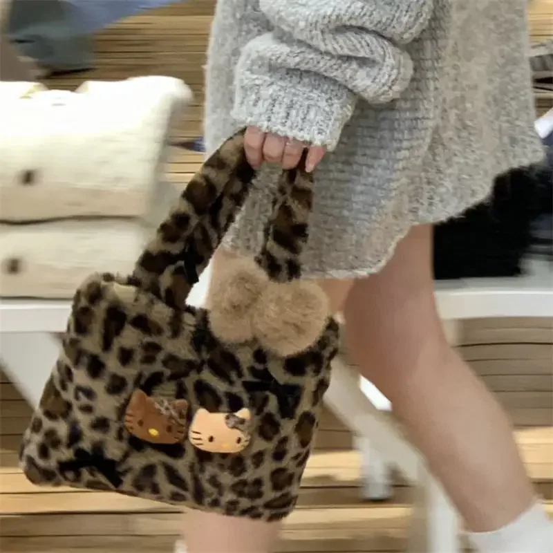 Hello Kitty Shoulder Bag Cute Plush Doll Leopard Pattern Handbag Winter Cartoon Large Capacity Girl Y2k Commuter Bag