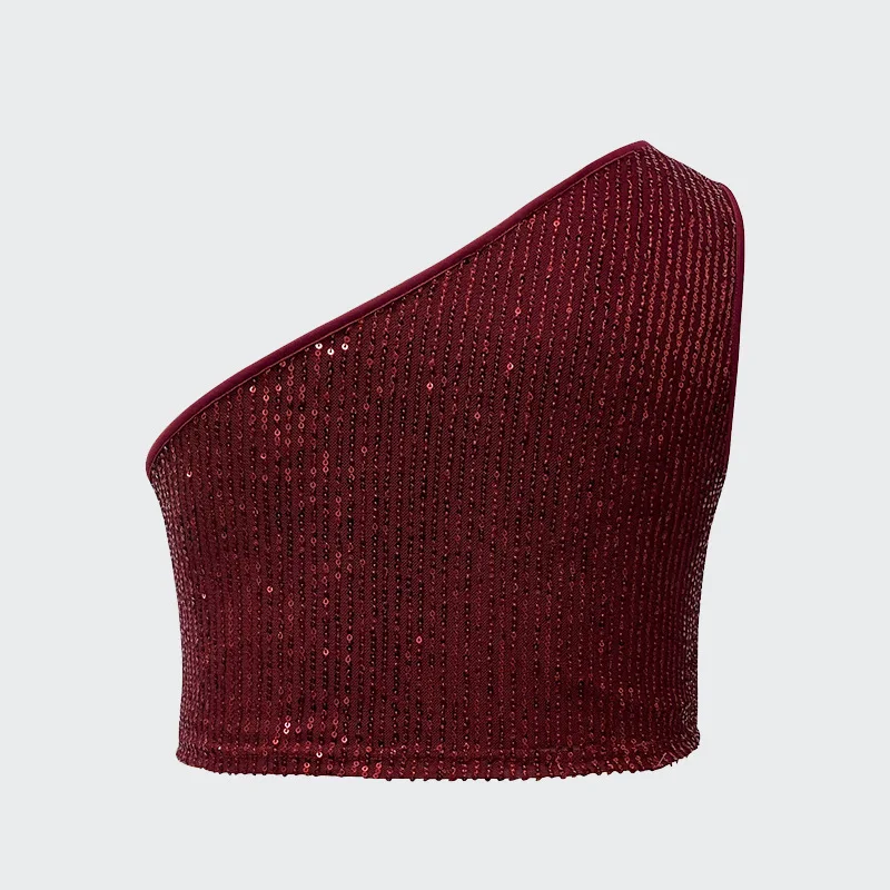 حجم كبير المرأة الترتر واحد الكتف المحاصيل الأعلى الأحمر بريق ضيق سترة بلا أكمام تانك الهذيان حفلة كلوبوير ليلة خارج بلوزة