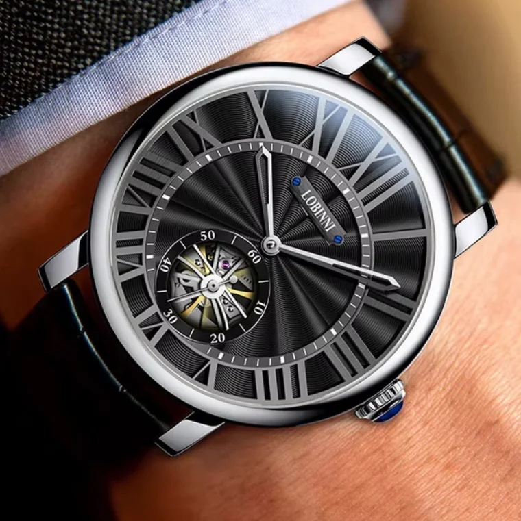 LOBINNI Men Automatic Watch 40mm Mechanical Wristwatch Sapphire Mirror Skeleton Flywheel Dial 50m Waterproof Roman Scales