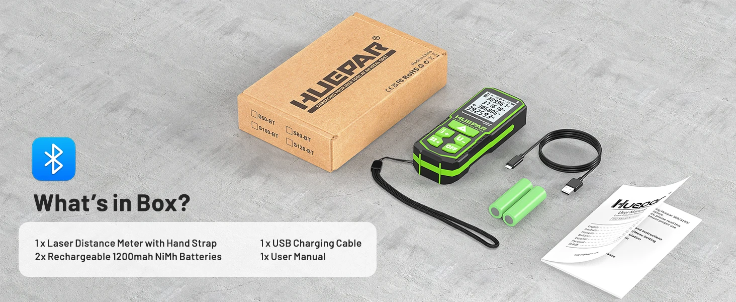 Huepar S100G-BT Bluetooth Laser-Entfernungsmesser Grüner Strahl 60M/100M/120M Digitaler Laser-Entfernungsmesser mit Winkelsensor – Detail 12