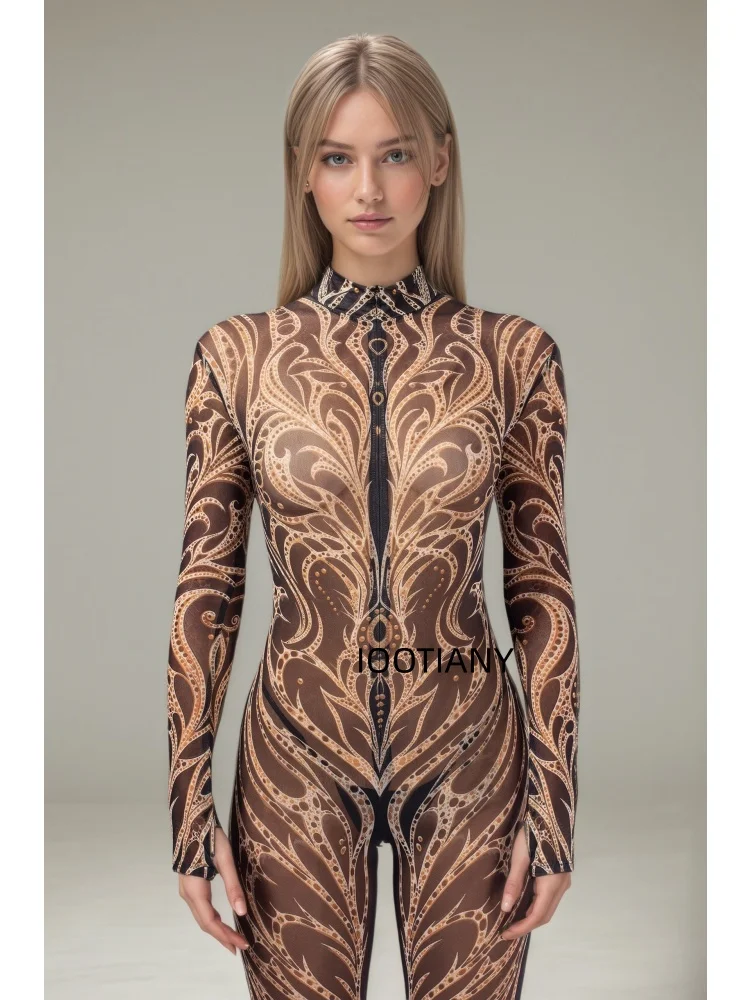 Luxuriöser Goldener Spiralblumen-Galaxie-Print Mesh-Bodysuit für Damen Sexy Cosplay Catsuit Rave Club Nachtclub Festival Mode-Jumpsuit – Detail 4