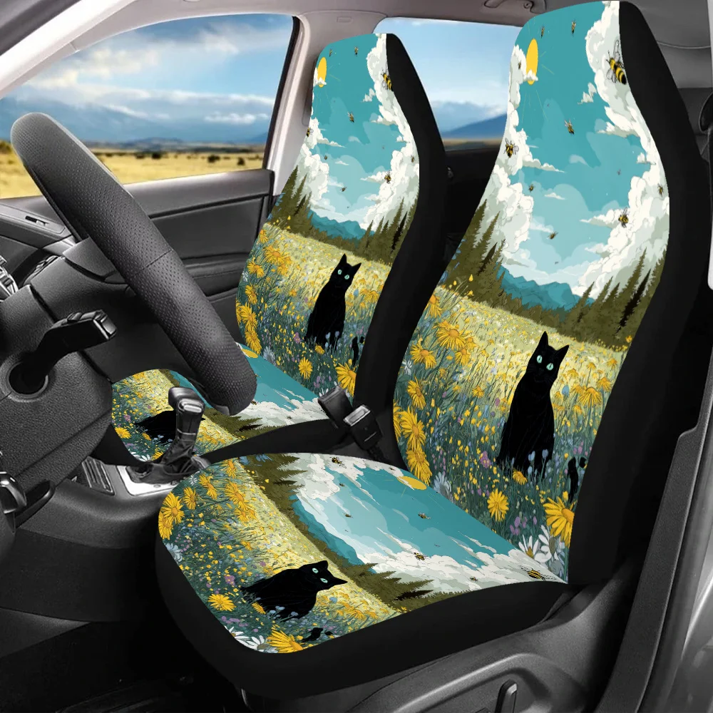 2pcs Cat In Blooming Field Print Car Seat Covers | Universal Fit, Polyester, Sponge Filled, Enhances Driving Pleasure, Ideal Gif