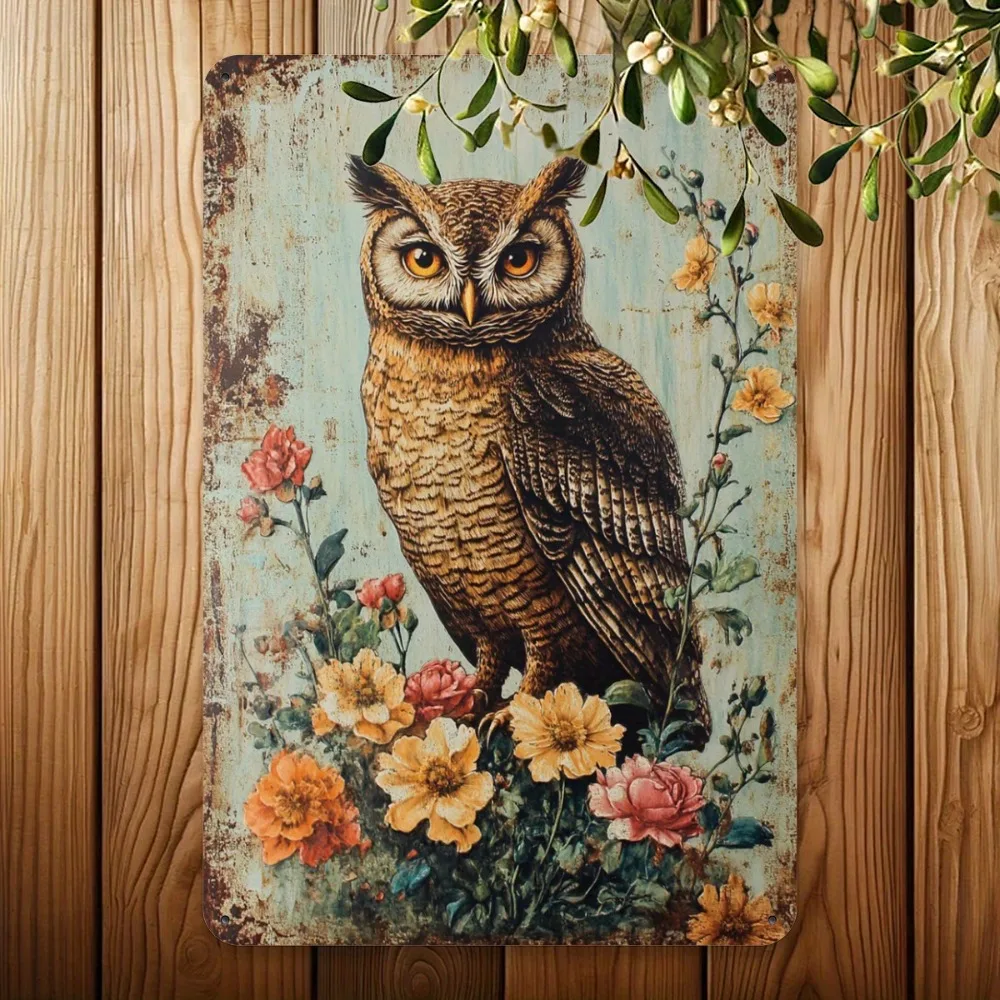 Vintage Owl & Floral Metal Sign | 8x12 Inch Teal Rustic Wall Art for Home, Cafe & Bar | Easy Hang Farmhouse Decor
