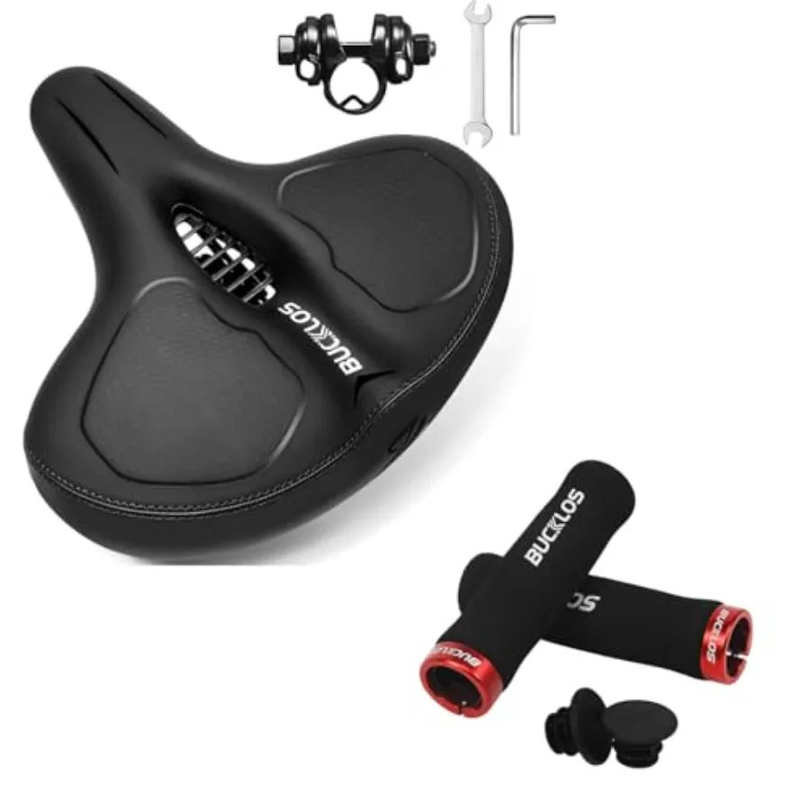 

Comfortable Bike Seat Cushion Wide Black Saddle and Sponge Handlebar Single Lock on Bike Grips
