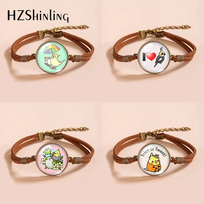 2024 New Fashion Cute Chubby Cockatiel Birds Glass Dome Leather Bracelet Handmade Jewelry Brown Bracelets