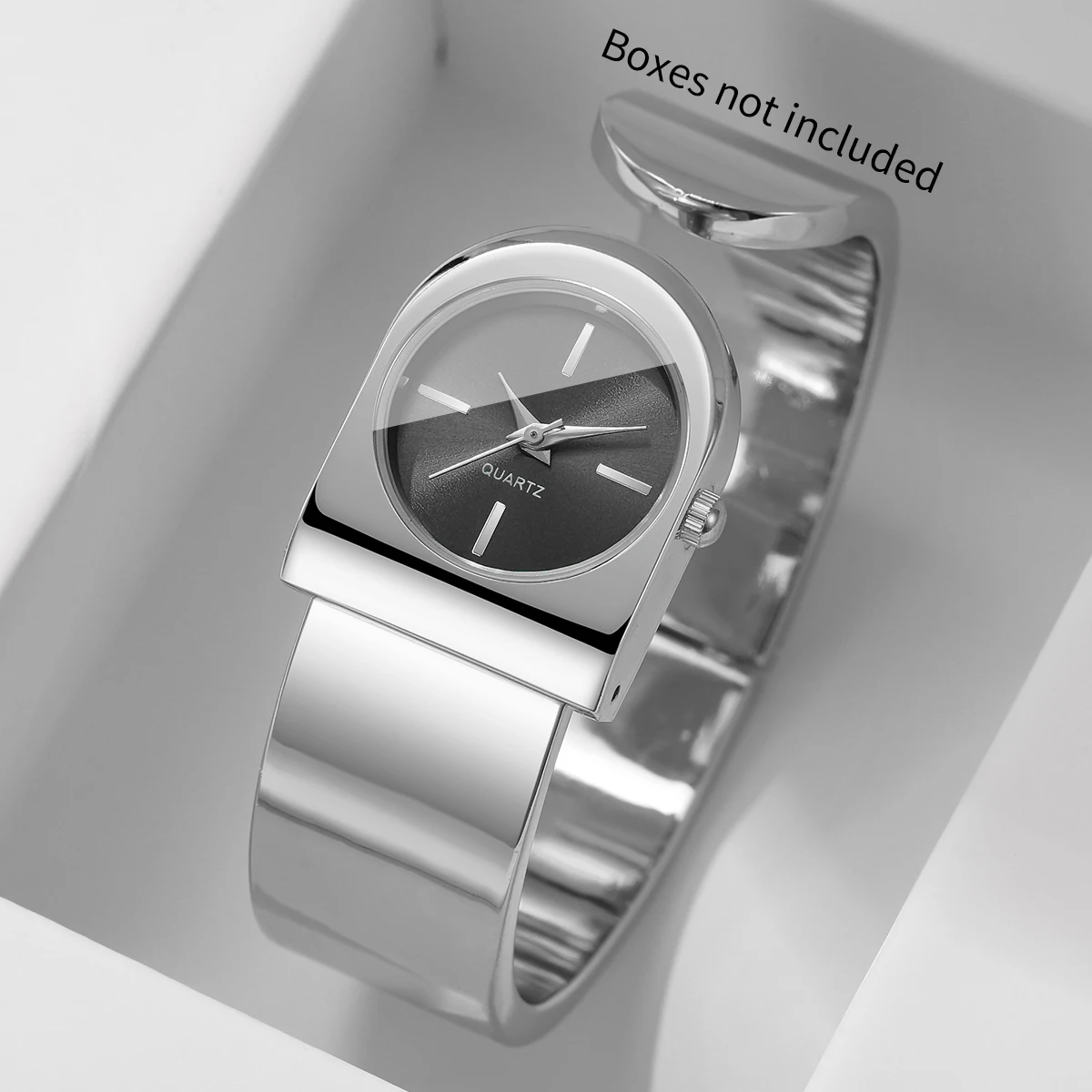 Fashion Silvery Cuff Bangle Strap Women Watches Unique Shaped Black Dial Quartz Wristwatch Relogio Feminino (Without Box)