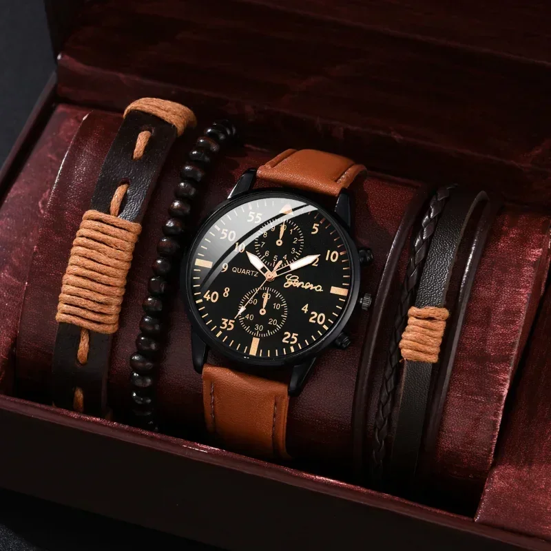 4pcs Set Men Watches Luxury Fashion Design Leather Watch Quartz Men\'s Watch Gift Montre Homme Relogio Masculino no box