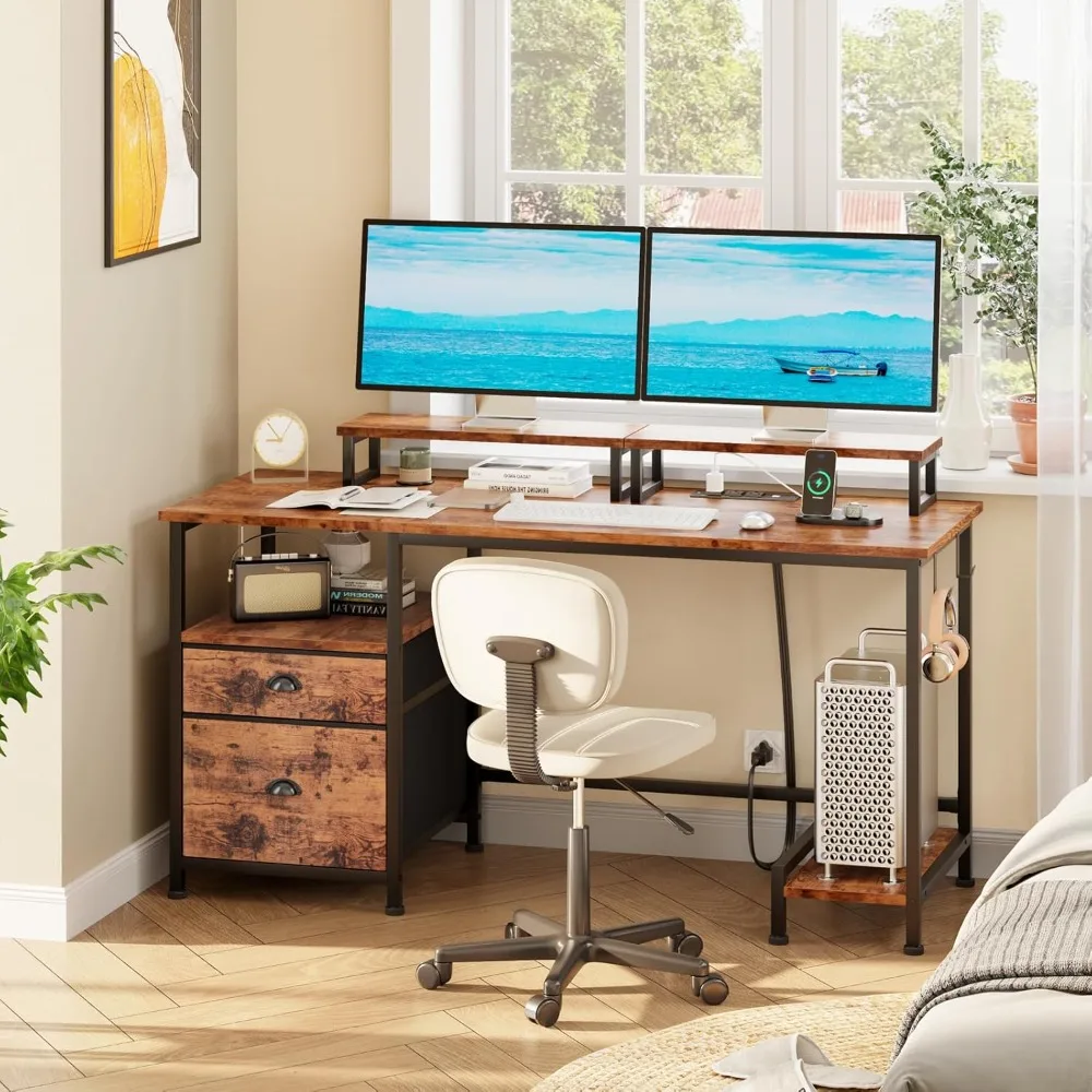 

47" Computer Desk with File Cabinet and Power Outlets, Home Office Desk with 2 Monitor Stands and Storage Drawer, Writing Gaming