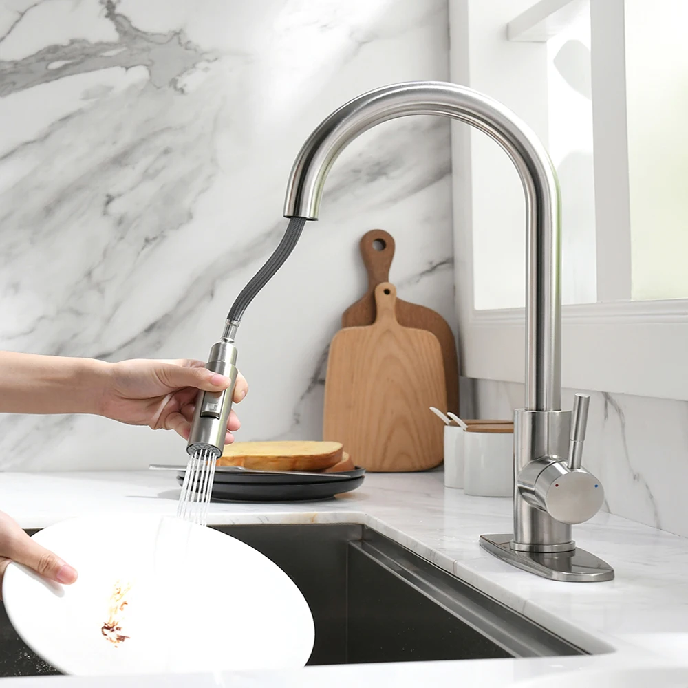 Kitchen Faucets Single Handle Pull Out Stainless steel Kitchen Tap Single Hole Handle Swivel 360 Degree Water Mixer Tap