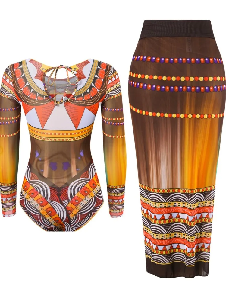 Mesh Retro Bikini Gedruckt Mode Badeanzug Und Cover Up Mit Rock Enge frauen Bandage Sommer Strand Luxus Elegante 2025