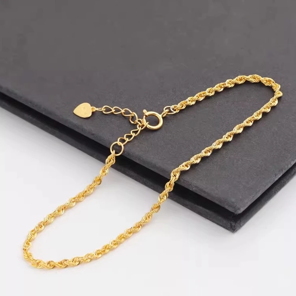 

Real Pure 18K Yellow Gold Chain Women Lucky 2.6mm Hollow Twist Rope Bracelet 1.6g