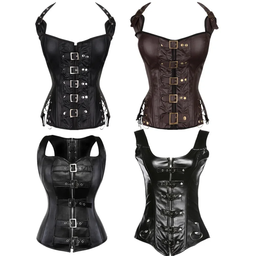 

Women Steampunk Halterneck Overbust Corset Zipper and Buckled Corselet Gothic Sexy Leather Corselet Vest Vintage Bustier Top