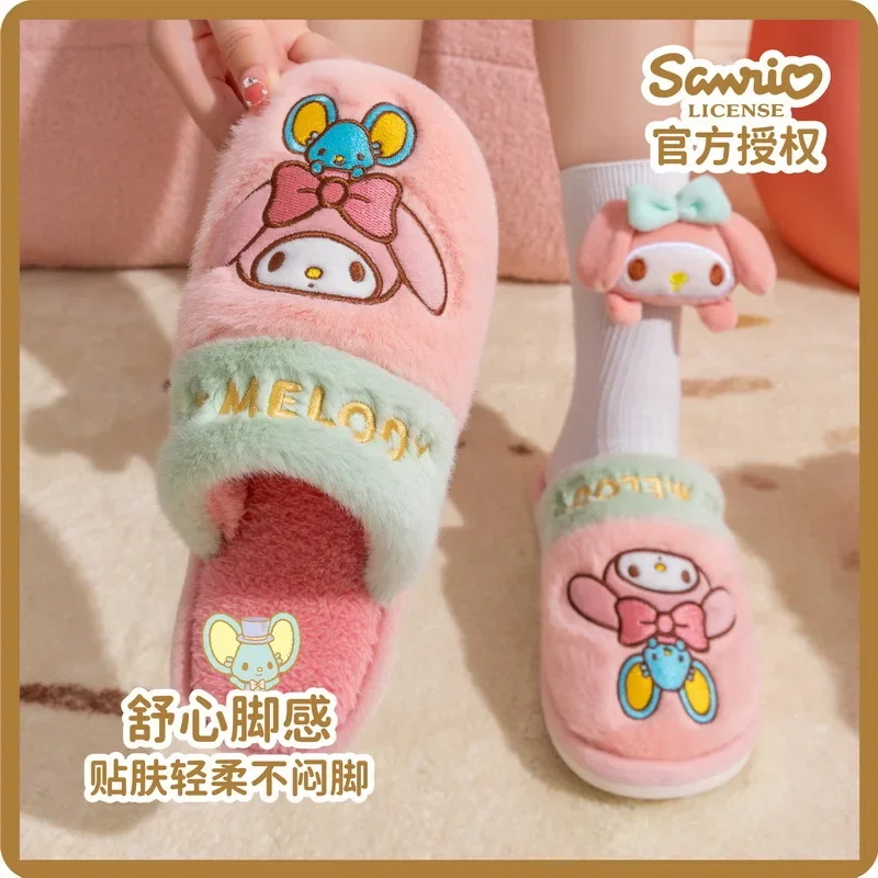 Sanrio-Zapatillas de felpa de Hello Kitty para niña, zapatos planos informales antideslizantes para el hogar, regalos, genuinos, cálidos, Invierno