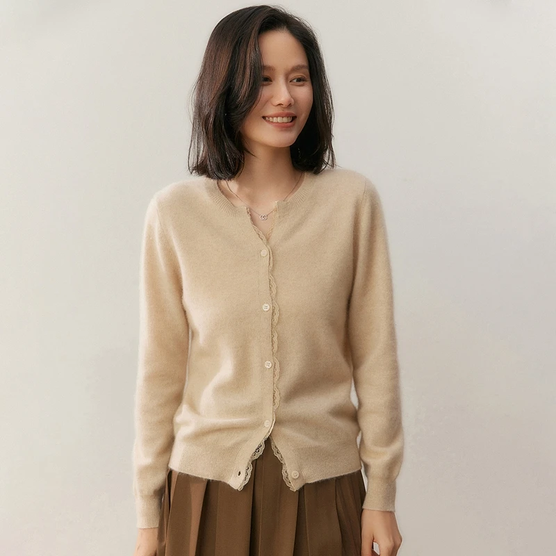 

2025 New Lace O Neck Sweater Women's 100% Cashmere Autumn Winter Button Exquisite Cardigan Comfortable Soft Knitwear Clothing