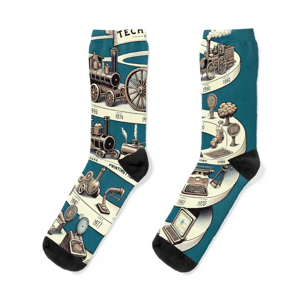 Tech Time Journey: From Wheel to Smartphone Socks cartoon kawaii basketball winter Male Socks Women's