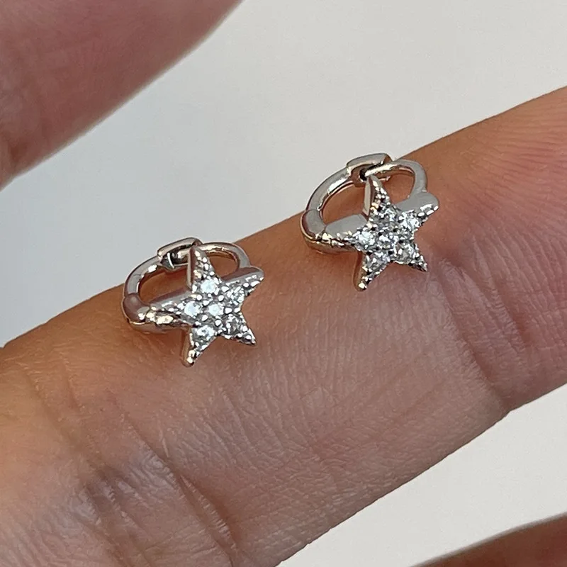 PANJBJ  925 Sterling Silver Stars Zircon Hoop Earring for Women Extremely Small Sweet Simplicity Trend Jewelry Gift Dropshipping