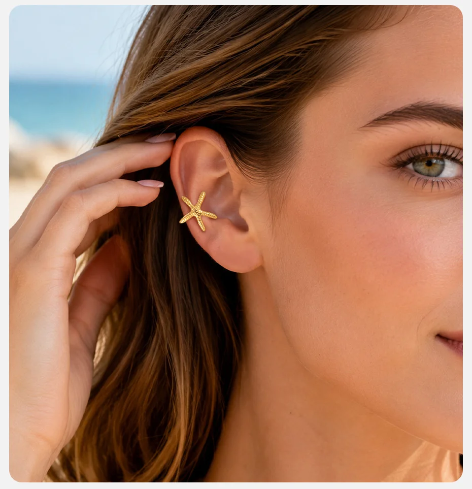 Vnox Trendige Seestern-Knorpel-Clip-Ohrringe für Frauen, vergoldet, blumenförmig, ohne Piercing, Clip-Ohrringe, geometrischer Schmuck – Detail 3