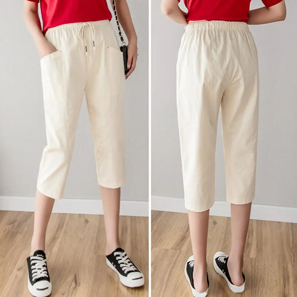 

Women Pants Women's Solid Crop Pants with Elastic Waist Pockets Stylish Summer Sweatpants for Ladies