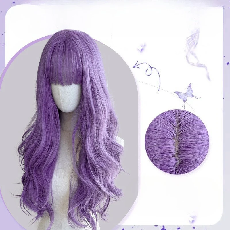 

Temperament purple long curly hair anime highlights purple cosplay big wave long curly hair high temperature silk wigs headgear