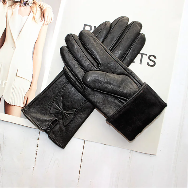 Genuine Leather Gloves Women\'s Fashion Button Velvet Lining Autumn and Winter Warm Windproof Sheepskin Split Finger Gloves