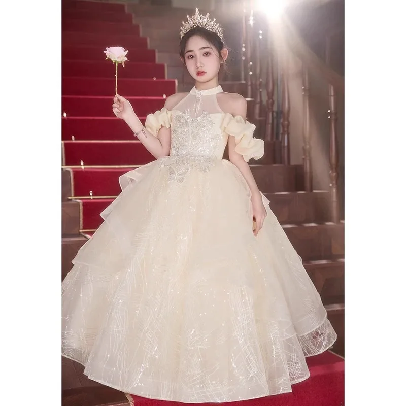 Girl Princess Dresses Champagne Flower Girls Wedding Party Dress New Ball Gowns High-Necked Gown Beauty Contest Customized