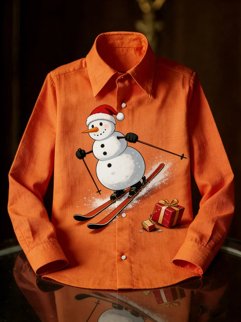 2026年 メンズ新作 リネン クリスマス スキー 新年ギフト 3Dプリントシャツ ハワイアン カジュアル ホームパーティー 長袖Tシャツ 男性用