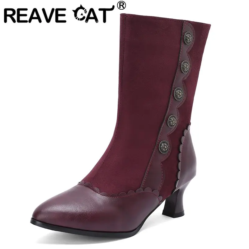

REAVE CAT Women's Mid Calf Footwear Pointed Toe Small 5.5cm Heels Mixed Color Studs Casual Bota Big Size 46 47 48