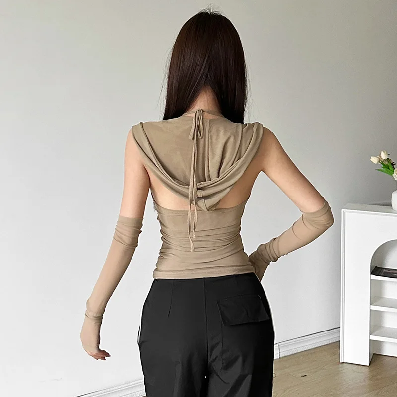 

Лето 2022, женский облегающий однотонный вязаный топ с v-образным вырезом и поясом, с капюшоном, трансграничный Sle Svel Tube irt