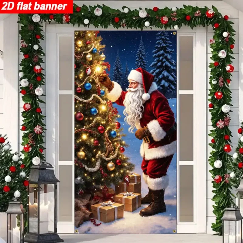 1 peça 2d plano natal/ano novo/inverno banner, representando vivamente o papai noel adora uma árvore de natal espumante, sem necessidade de energia