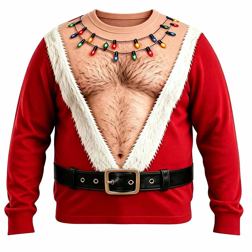 Funny 3D Print Christmas Long Sleeve Sweatshirt for Men Women Santa Fake Suit Light Necklace Graphic Pullovers Crewneck Costume
