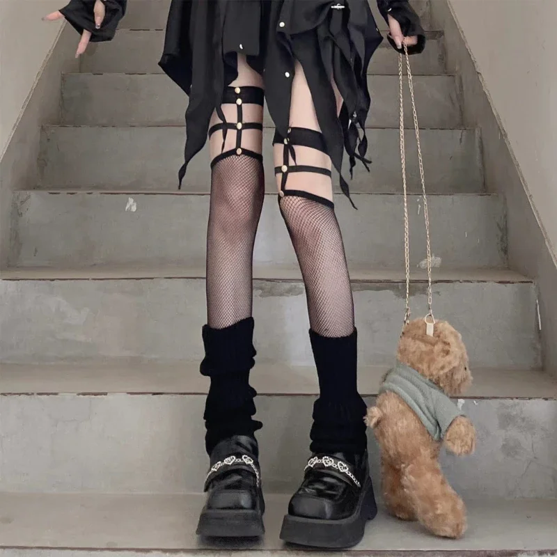 ผู้หญิงเซ็กซี่ทองแดงหัวเข็มขัดถุงน่องยาว Goth Lolita Fishnet ตาข่ายไนลอนต้นขาสูงถุงเท้าบางฤดูร้อนถุงน่องผ้าไหมนุ่ม