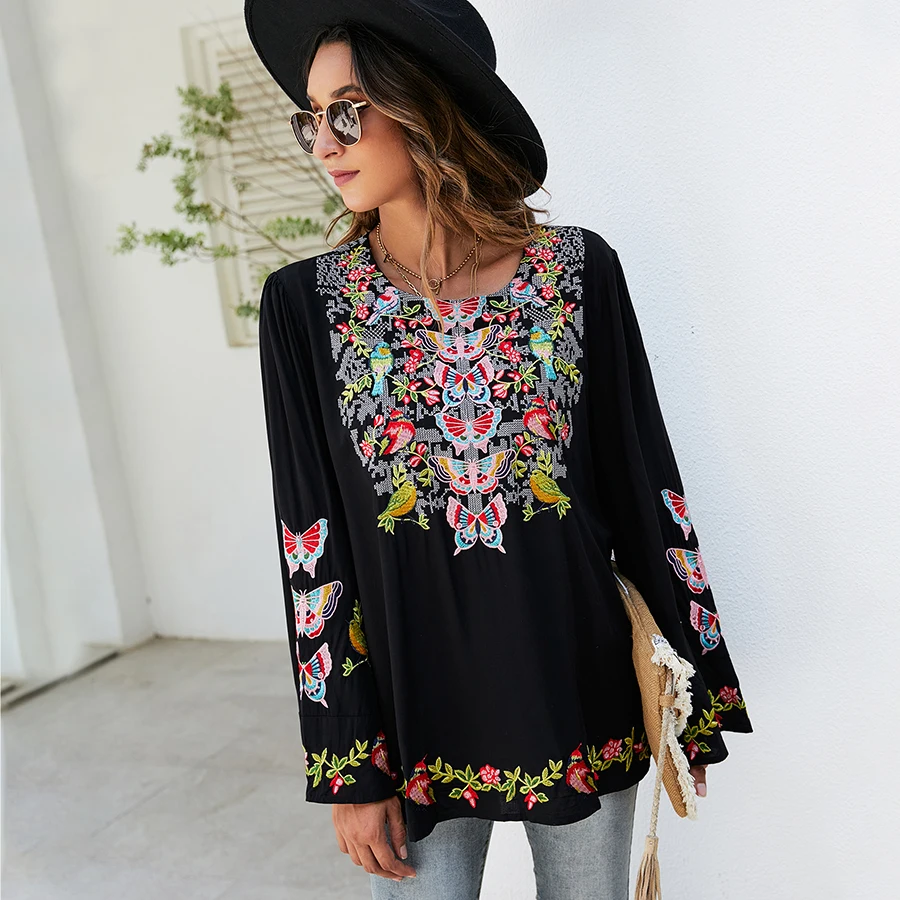 KHALEE YOSE Boho Embroidery Blouses Shirt Spring Autumn Women Mexican Shirt Vintage Long Sleeve 23xl Black Casual Ethnic Top