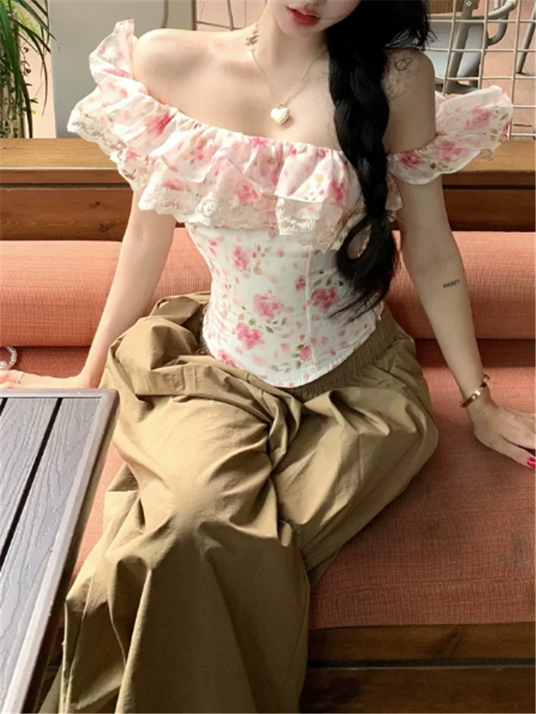 Slash Neck Ruffles Lace Patchw - Resort Shirt Floral recension och pris