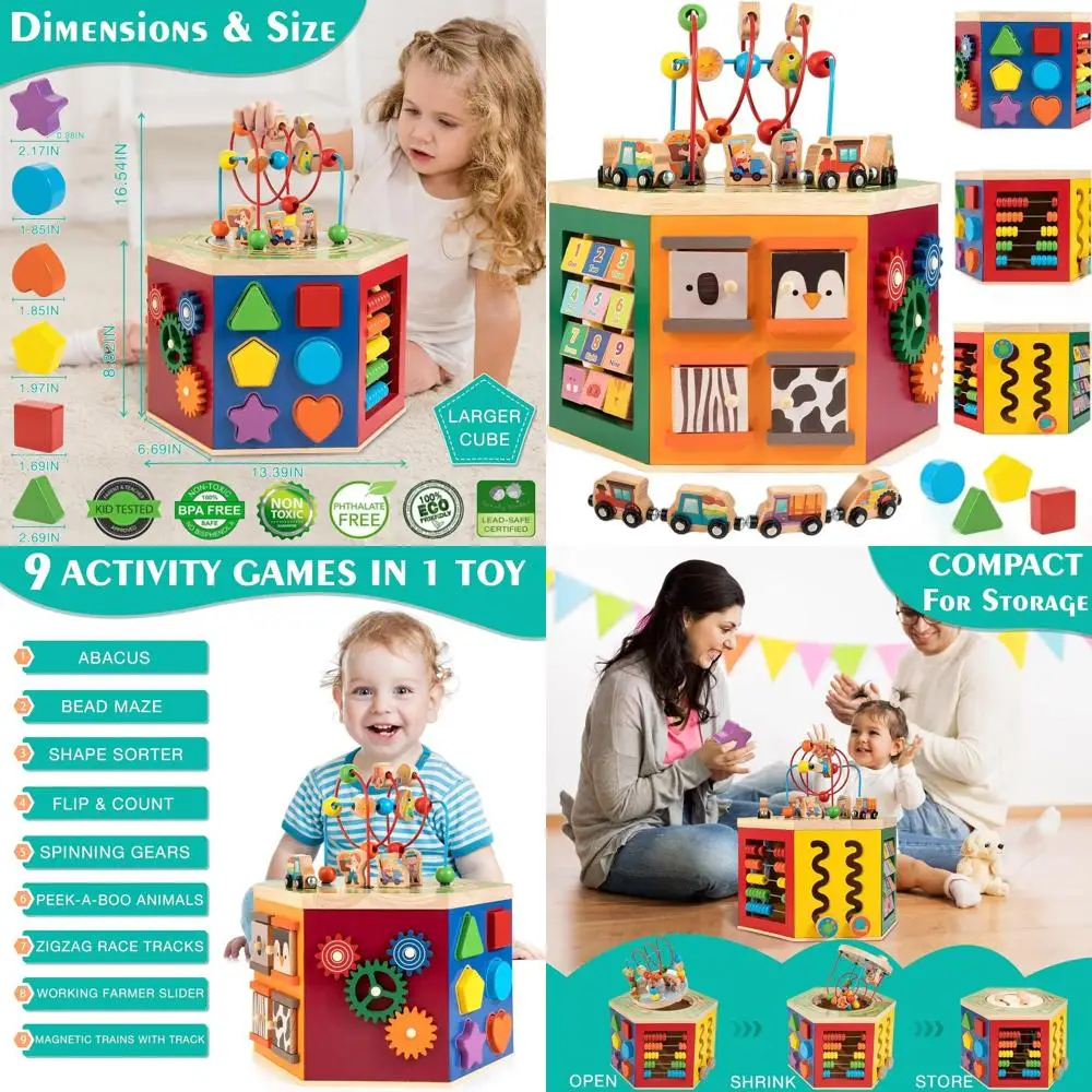 مكعب أنشطة المزرعة 9 في 1: مركز لعب مونتيسوري الخشبي للأطفال بعمر 1-2 سنة - هدية مثالية لعيد الميلاد الأول مع سيارات القطار المغناطيسي