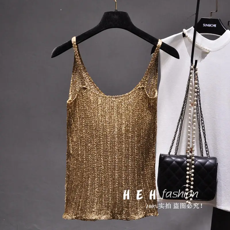 2023 spring and summer new all-match bingbing sparkling sequins vertical knitted hollow camisole sexy bottoming vest top