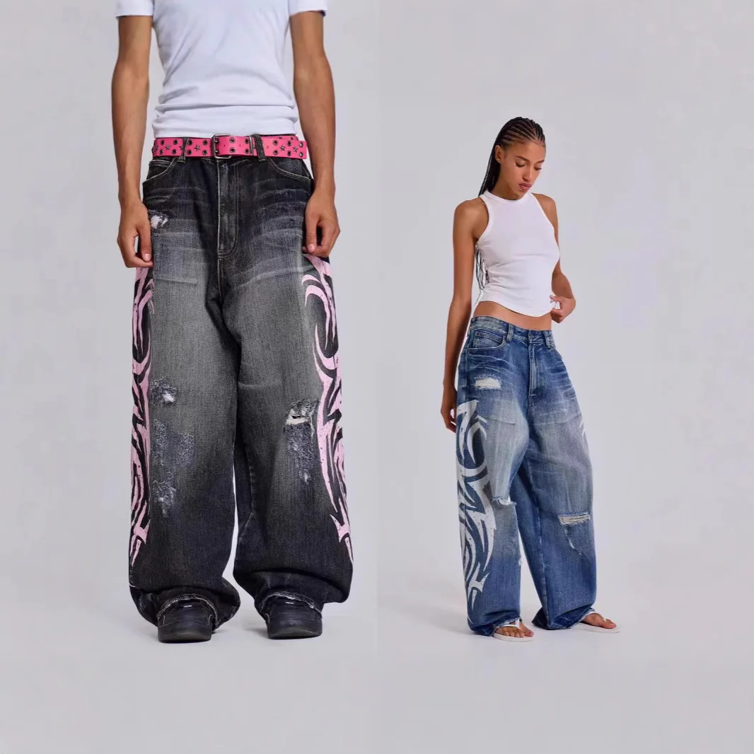 

2026 New Vintage Pattern Printed Washed Denim Pants For Women Retro Style Wide Leg Jeans Trendy Casual Loose Long Trousers