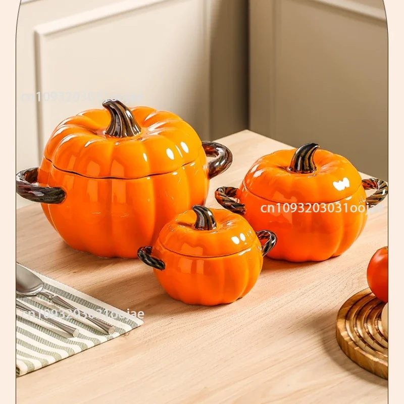 Pumpkin Shape Bowl With Lid Ceramic Soup Salad Cereal Bowl Bakeware Oven Baking Pan Kitchen Halloween Party Festival Decoration