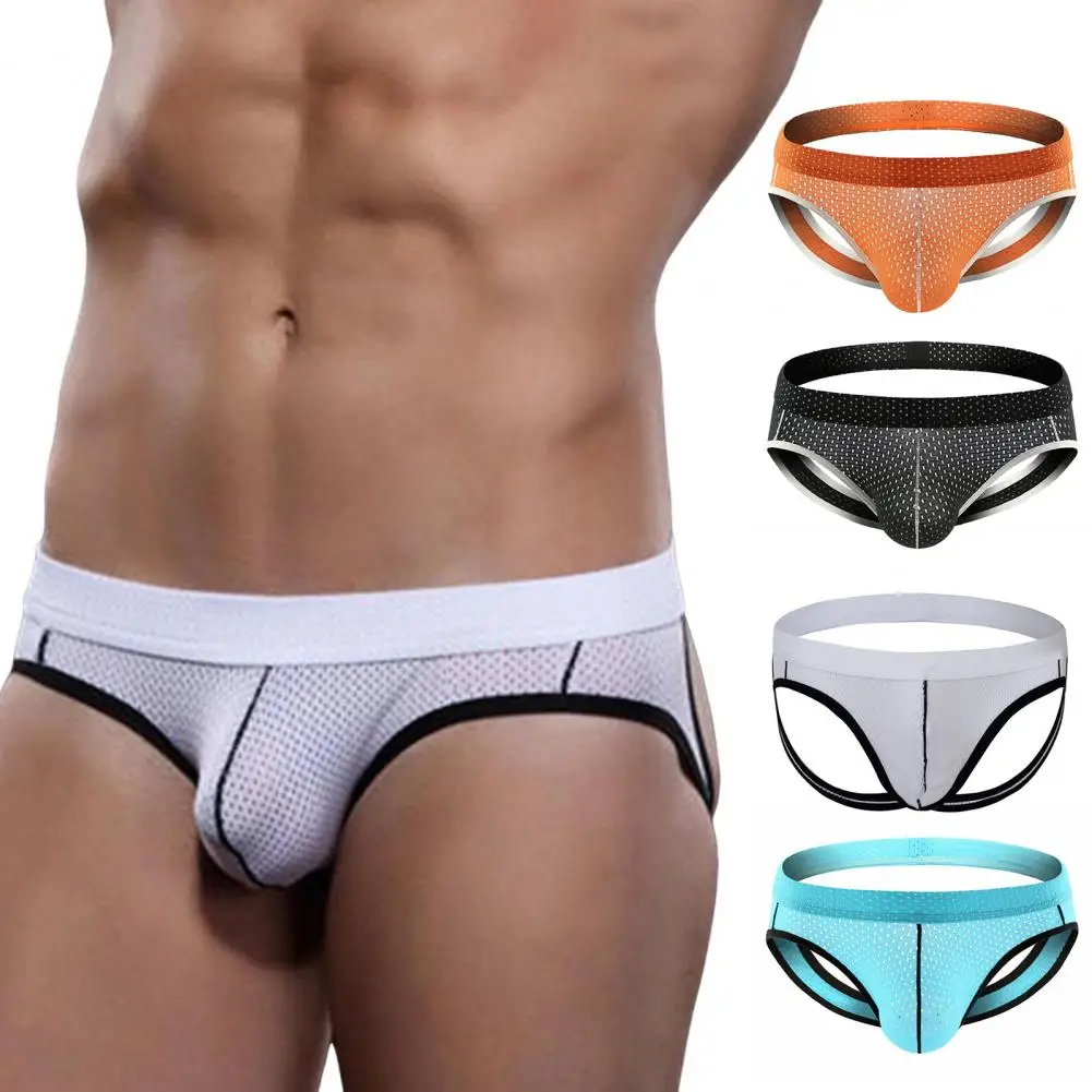 Men Sexy Thong Low-rise Color-Blocked Leakage Buttock U Convex Bag Briefs Panties Wide Waistband Sleep Underpant