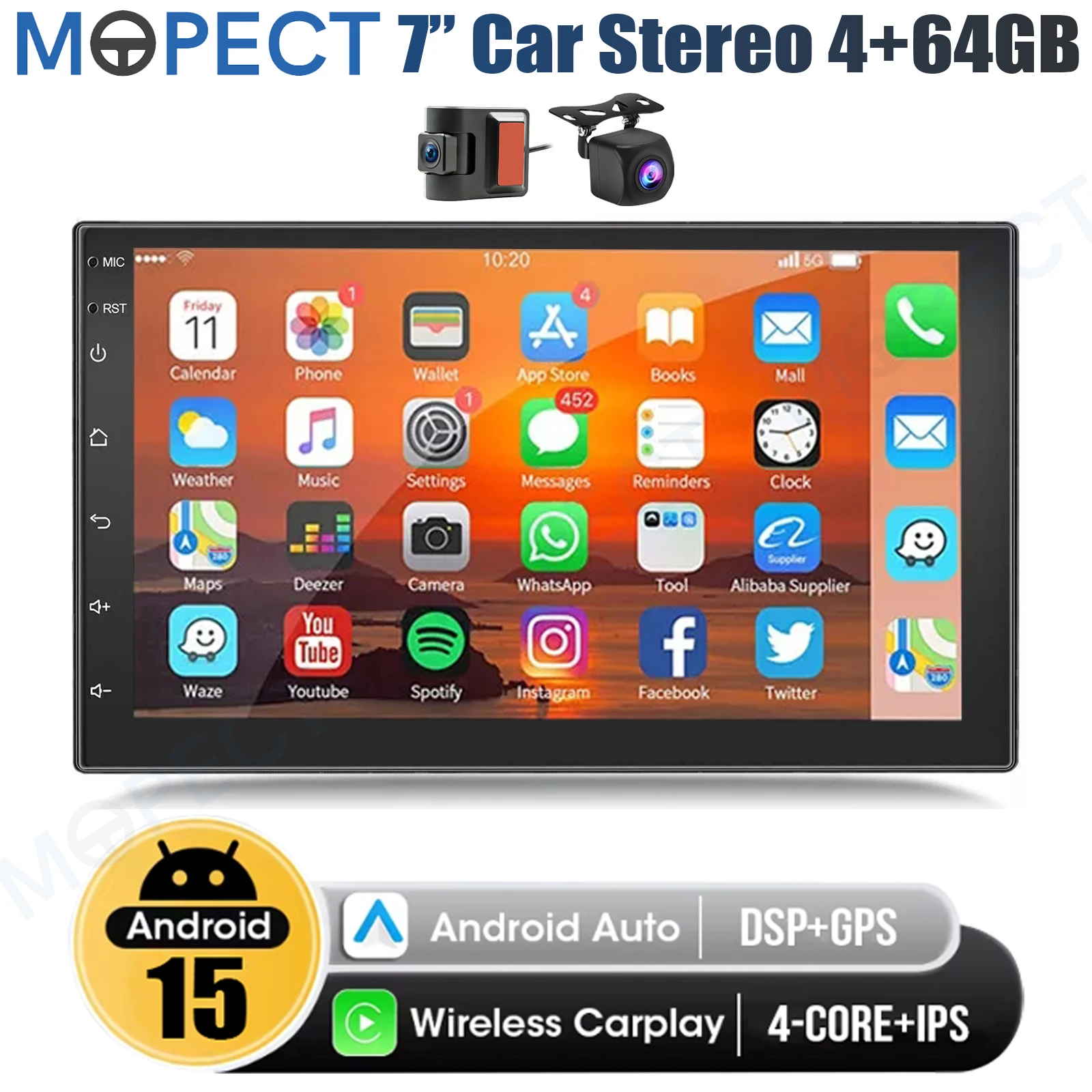 Autoradio MOPECT Doppio DIN 7'' con Carplay Wireless, Lettore Multimediale Universale Android 15 4+64GB, WiFi, BT+DVR&AHD