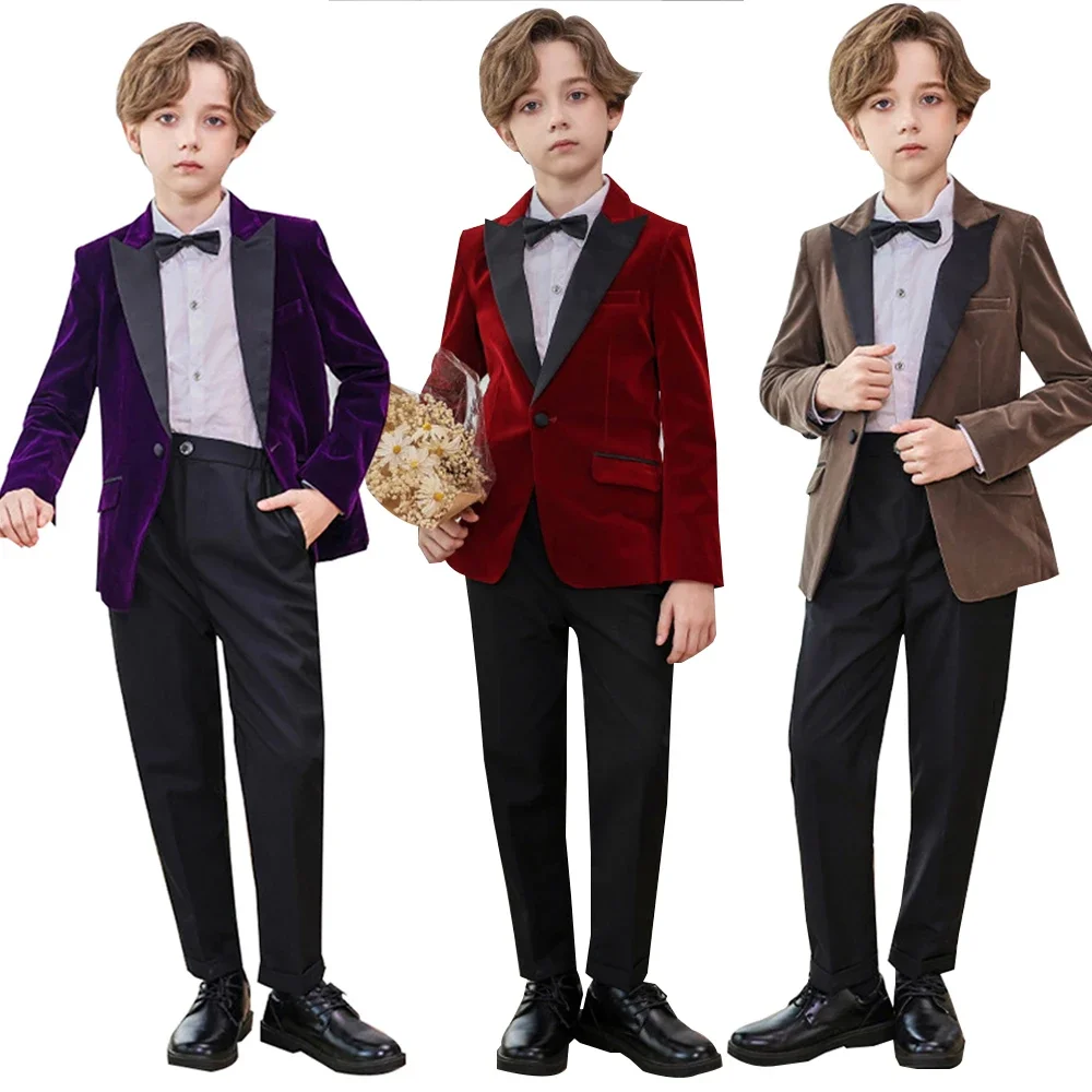 

3 шт., однотонный бархатный пиджак и брюки, комплект для детей, смокинги для торжественных случаев для мальчиков, куртка + брюки + галстук-бабочка, детская одежда, осенний атласный Lape