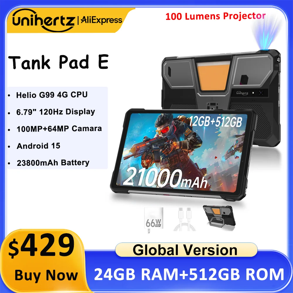 Unihertz 8849 TANK PAD E Rugged Tablet with Projector 21000mAh 120Hz IP68/IP69K 24GB 512GB 66W 10.95 inch Tablet Android 14 4G